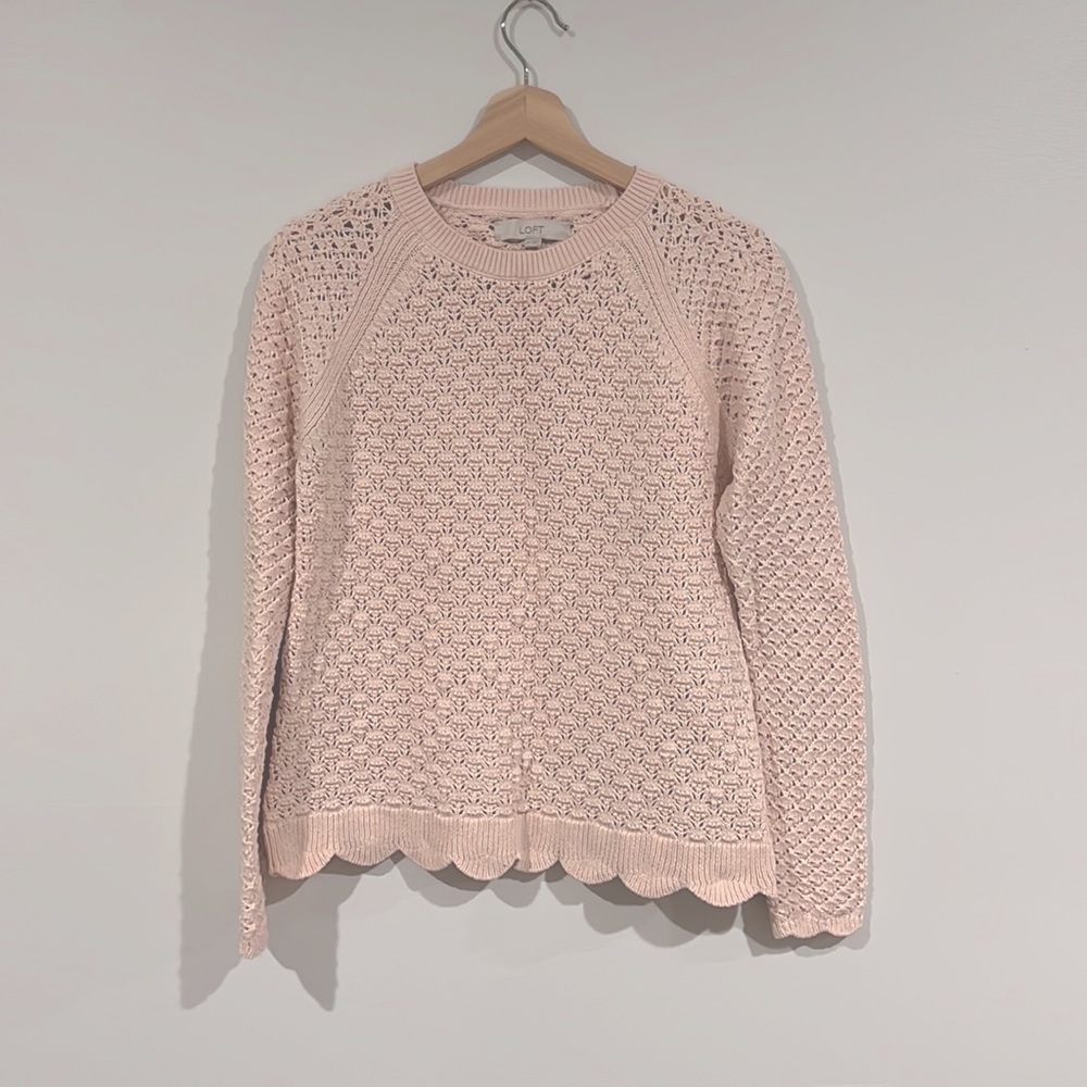 LOFT soft pink scalloped open knit sweater